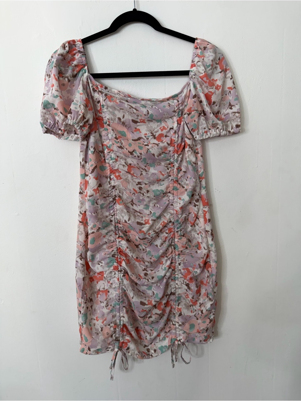 Cherry Koko Ruched Puff-Sleeve Mini Dress in Soft Pink Floral
